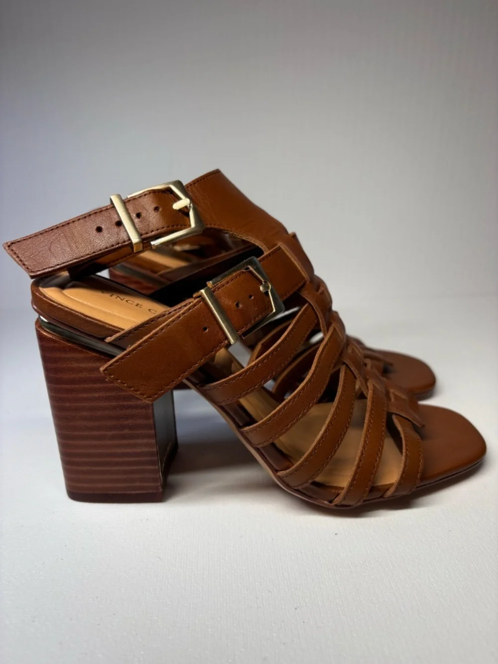 Vince Camuto Cognac Brown Gladiator Block Heel Sandals Buckle Strap Heels Size 6